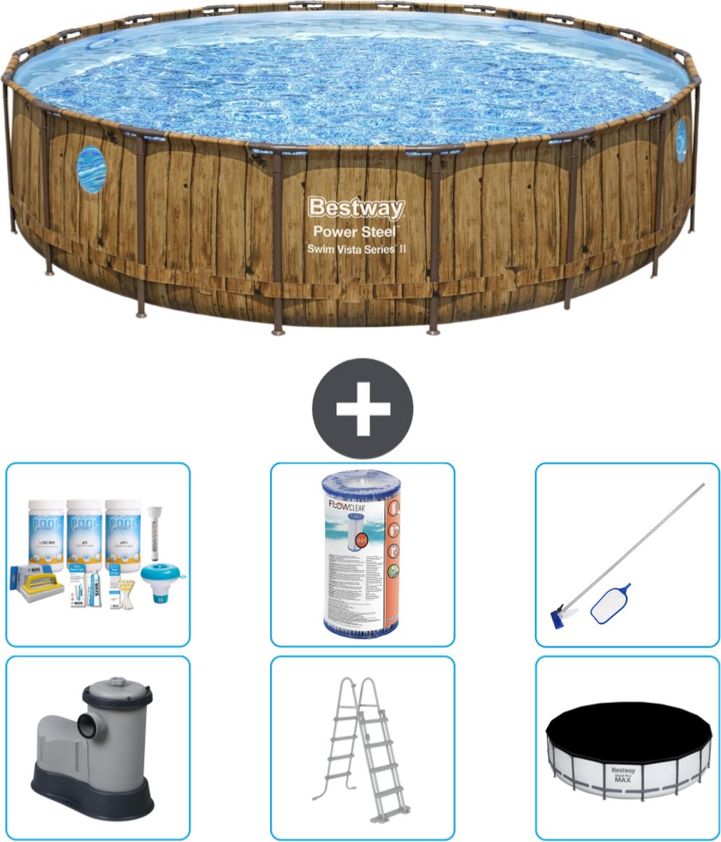 Bestway Rond Power Steel Swim Vista Zwembad - Houtprint - 549 x 122 - Inclusief Pomp - Ladder - Afdekzeil Onderhoudspakket - Filter - Schoonmaakset