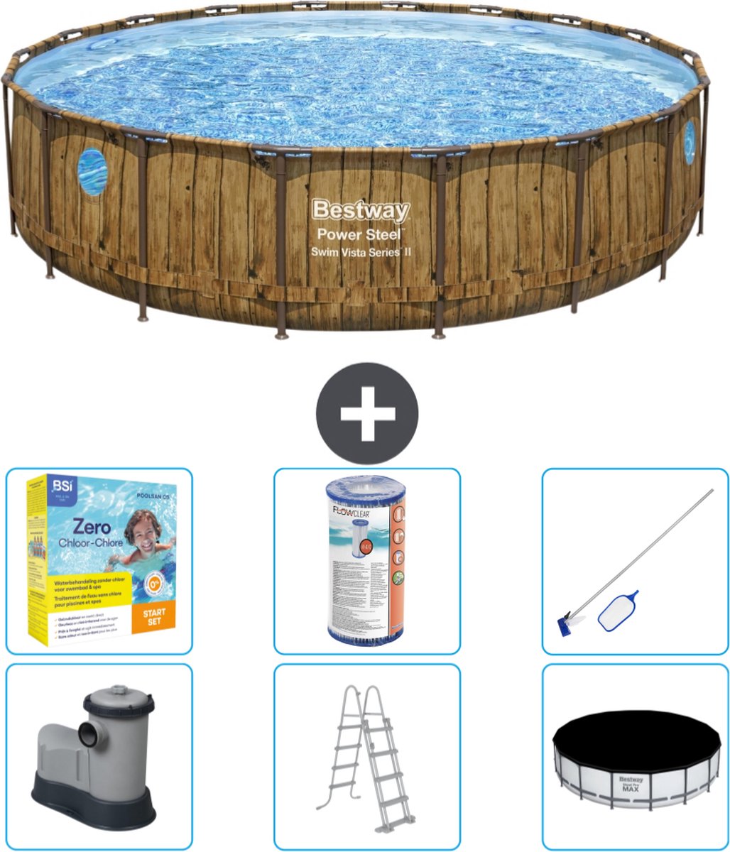 Bestway Rond Power Steel Swim Vista Zwembad - Houtprint - 549 x 122 - Inclusief Pomp - Ladder - Afdekzeil Onderhoudspakket - Filter - Schoonmaakset
