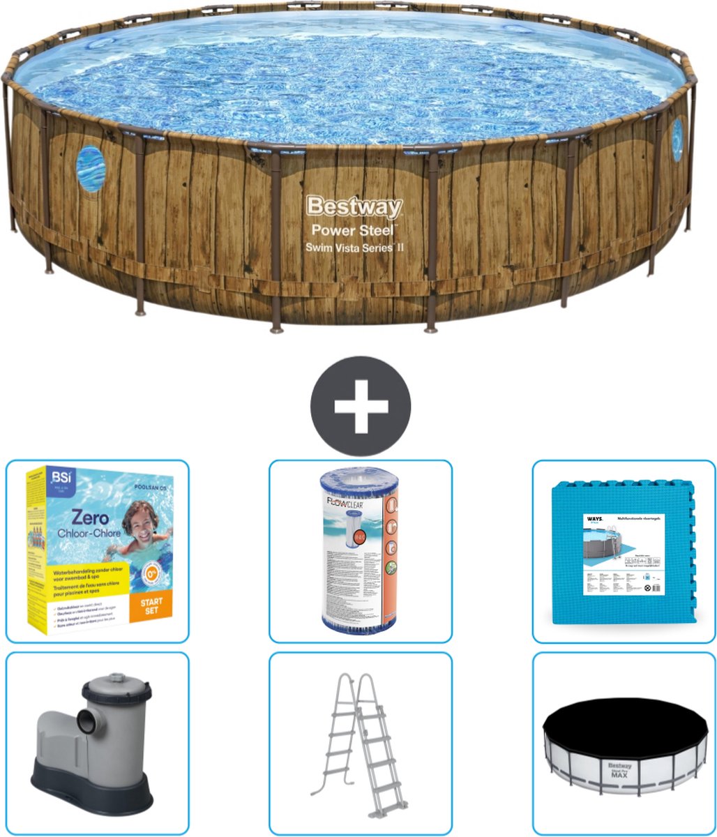 Bestway Rond Power Steel Swim Vista Zwembad - Houtprint - 549 x 122 - Inclusief Pomp - Ladder - Afdekzeil Onderhoudspakket - Filter - Vloertegels