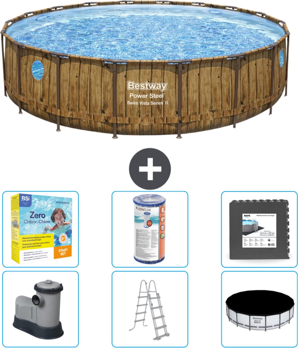 Bestway Rond Power Steel Swim Vista Zwembad - Houtprint - 549 x 122 - Inclusief Pomp - Ladder - Afdekzeil Onderhoudspakket - Filter - Vloertegels