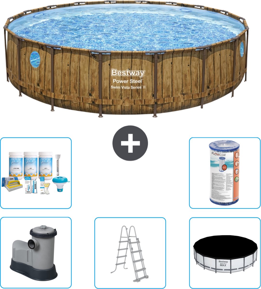 Bestway Rond Power Steel Swim Vista Zwembad - Houtprint - 549 x 122 - Inclusief Pomp - Ladder - Afdekzeil Onderhoudspakket - Filter