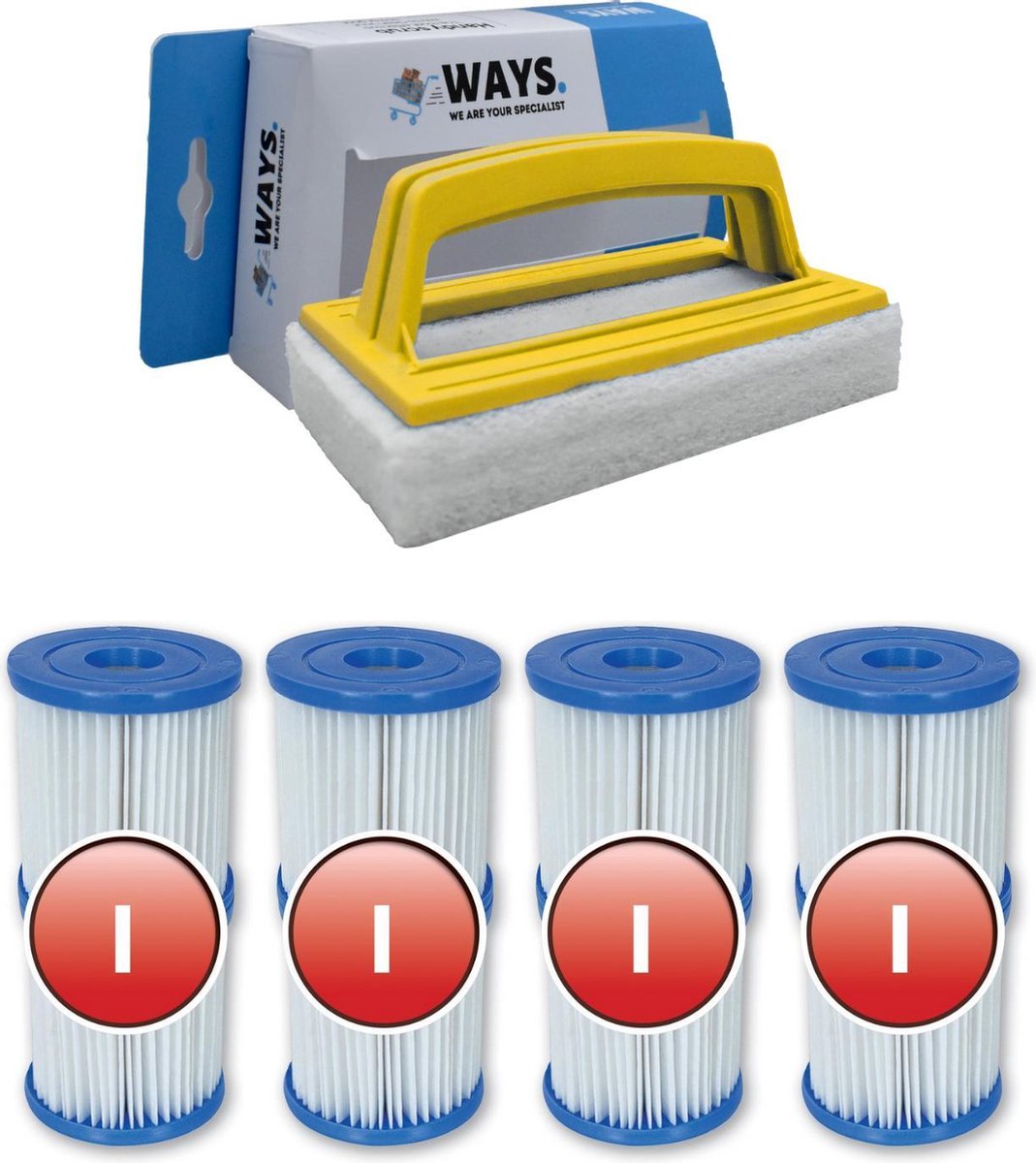   - Type I filters geschikt voor filterpomp 58381 - 4 stuks & WAYS scrubborstel