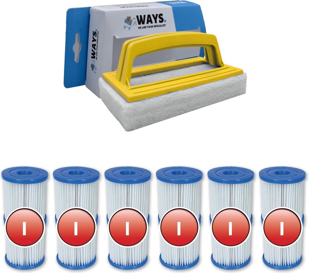   - Type I filters geschikt voor filterpomp 58381 - 6 stuks & WAYS scrubborstel