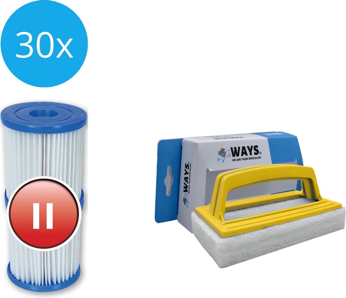   - Type II filters geschikt voor filterpomp 58383 - 30 stuks & WAYS scrubborstel