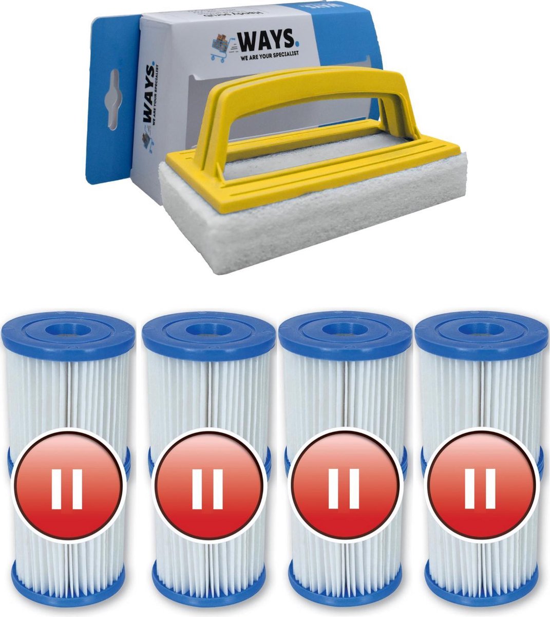   - Type II filters geschikt voor filterpomp 58383 - 4 stuks & WAYS scrubborstel