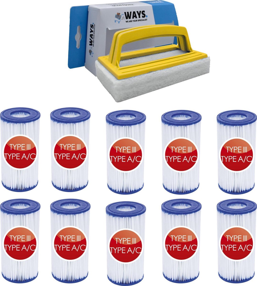   - Type III filters geschikt voor filterpomp 58389 - 10 stuks & WAYS scrubborstel