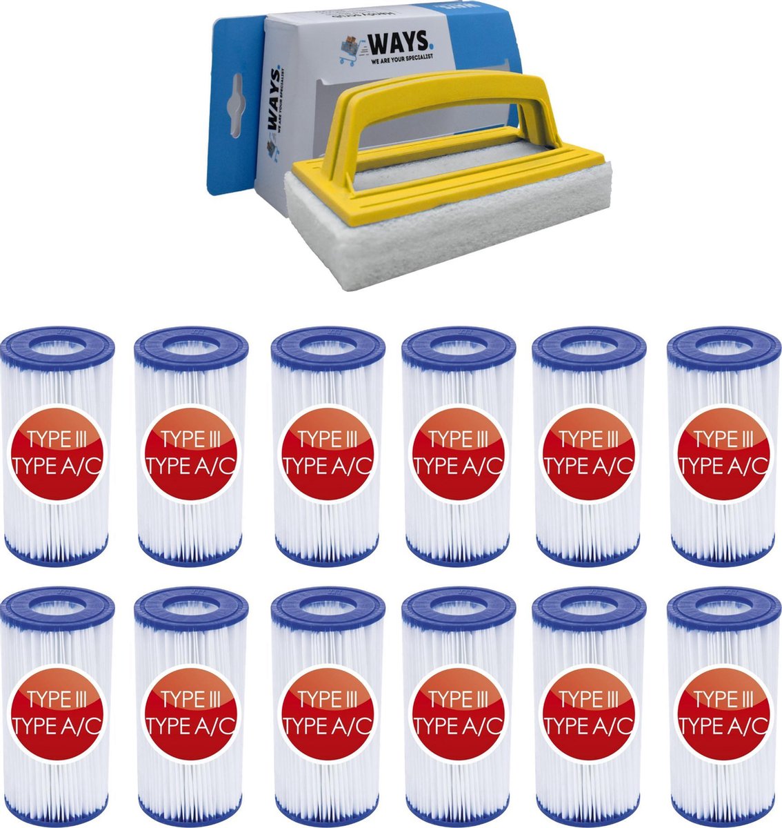   - Type III filters geschikt voor filterpomp 58389 - 12 stuks & WAYS scrubborstel
