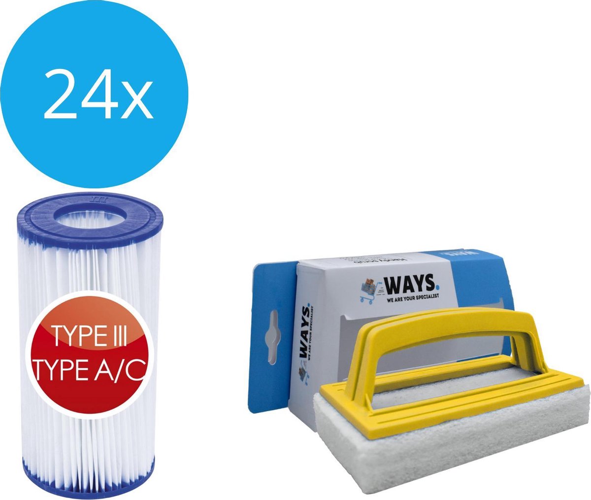   - Type III filters geschikt voor filterpomp 58389 - 24 stuks & WAYS scrubborstel