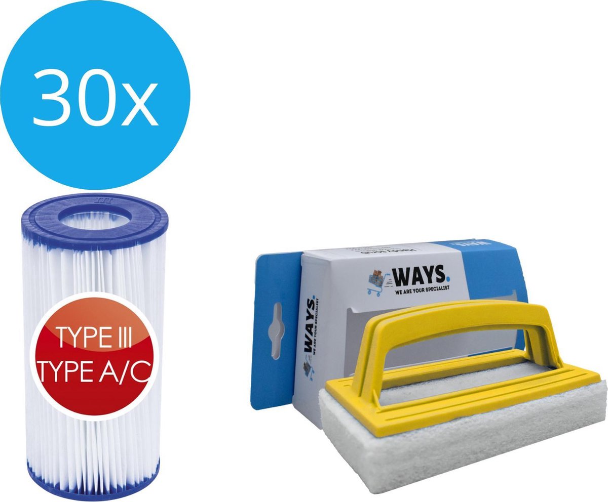   - Type III filters geschikt voor filterpomp 58389 - 30 stuks & WAYS scrubborstel
