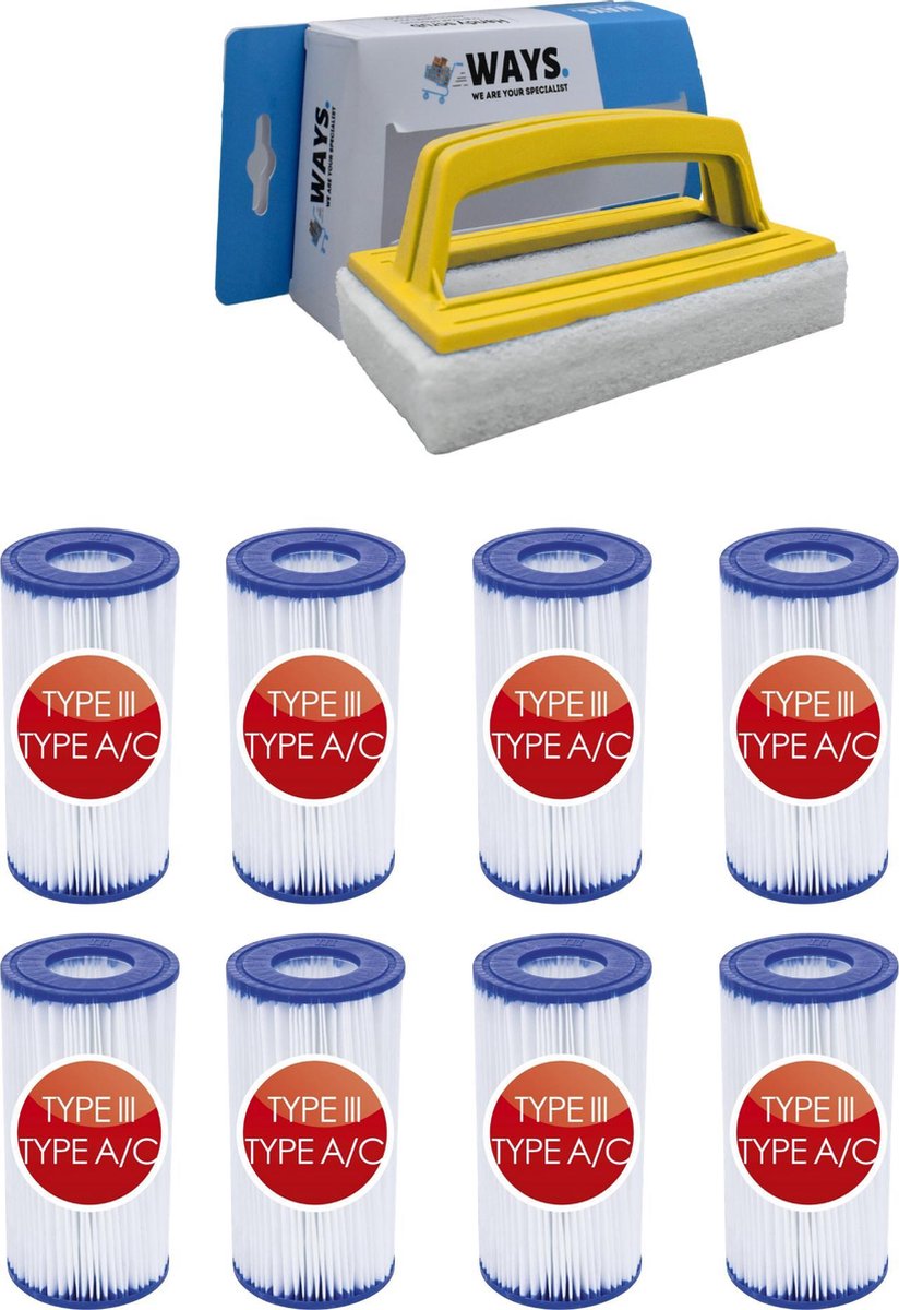   - Type III filters geschikt voor filterpomp 58389 - 8 stuks & WAYS scrubborstel