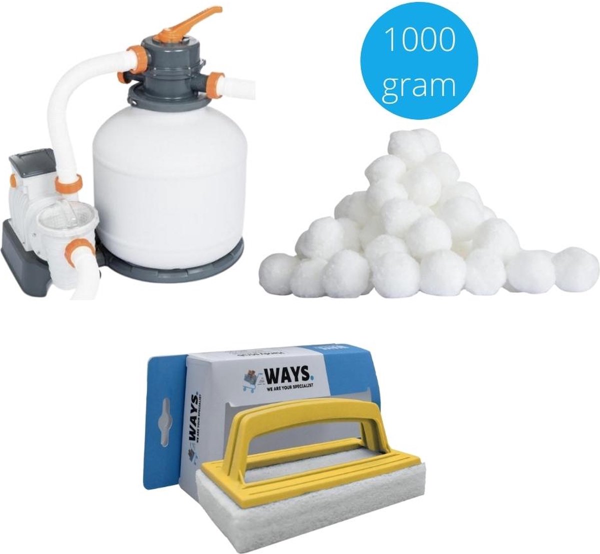 Bestway - Zandfilterpomp 5678 L/u & Filterbollen 1000 gram & WAYS Scrubborstel