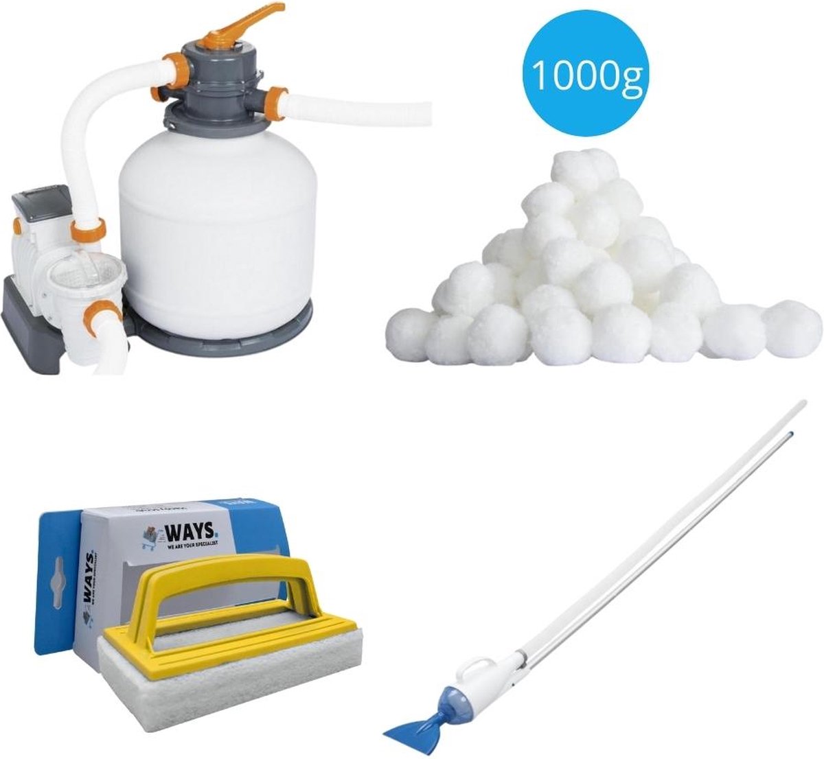   - Zwembadstofzuiger AquaCrawl & Zandfilterpomp 5678 L/u & Filterbollen 1000 g & WAYS Scrubborstel