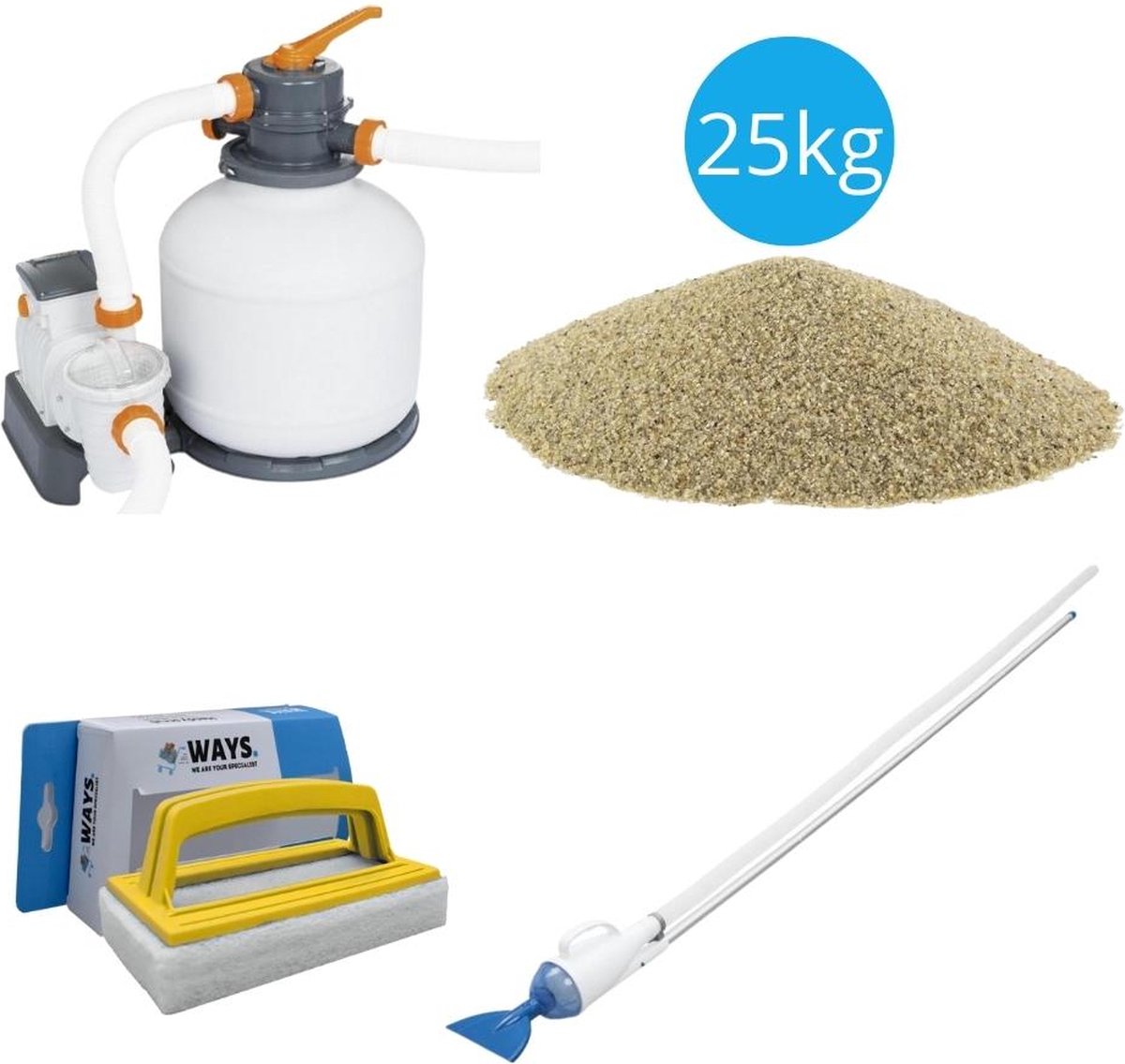   - Zwembadstofzuiger AquaCrawl & Zandfilterpomp 5678 L/u & Filterzand 25 kg & WAYS Scrubborstel