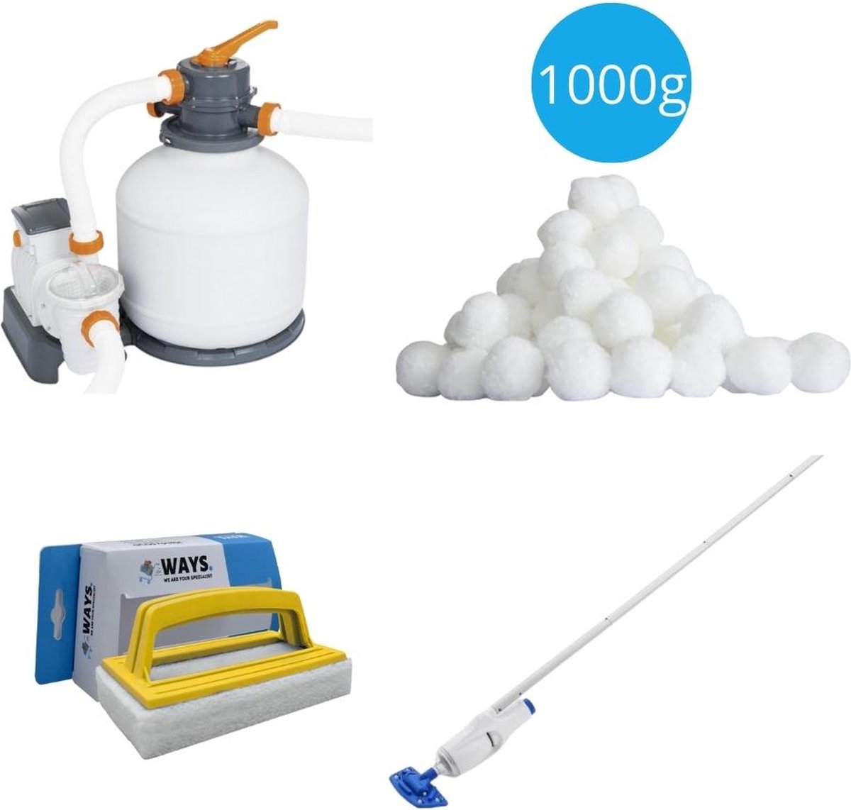   - Zwembadstofzuiger AquaReach & Zandfilterpomp 5678 L/u & Filterbollen 1000 g & WAYS Scrubborstel