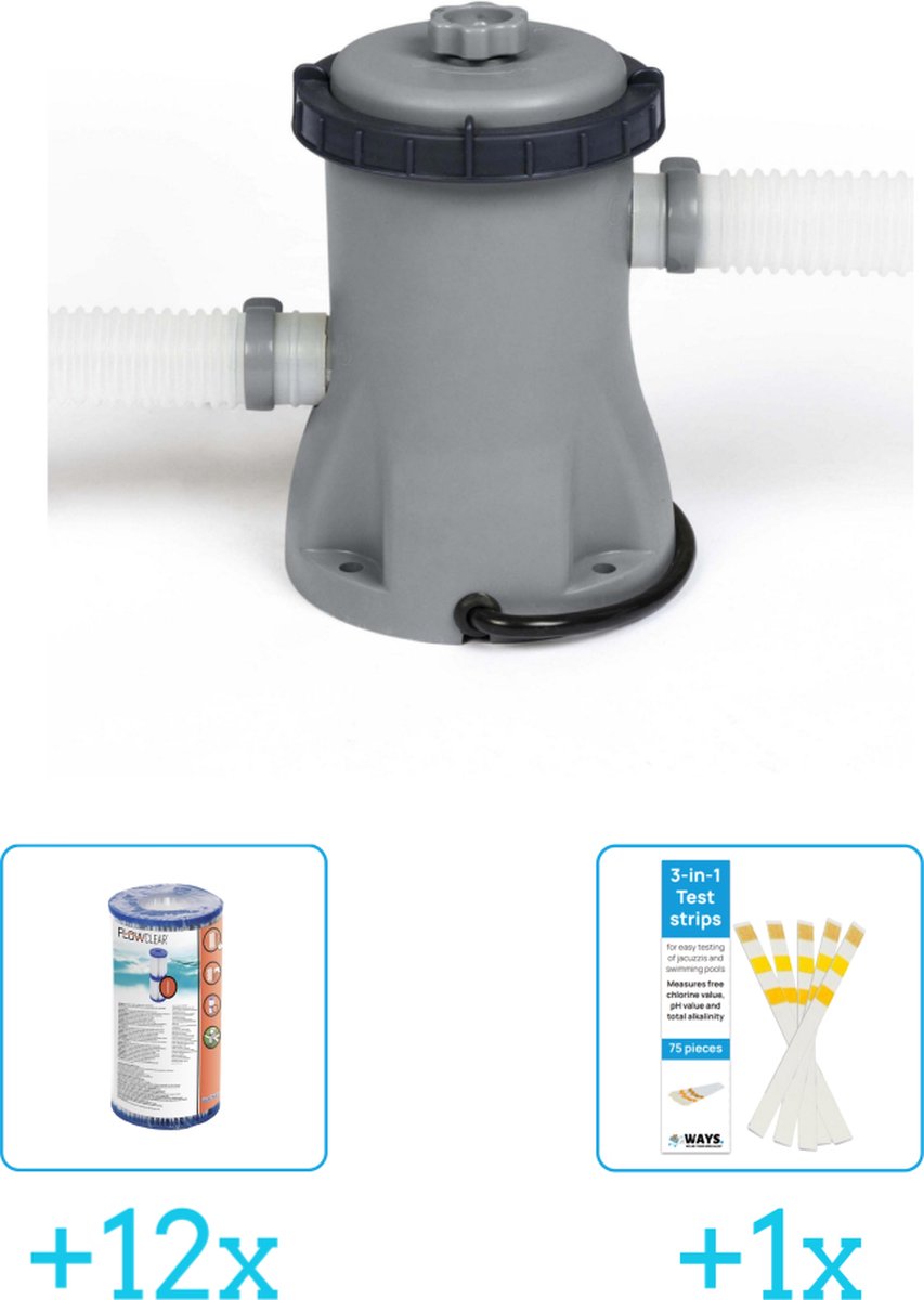   Flowclear - 1249L/330gal Filter Pomp inclusief   Flowclear - Filter Cartridge (I) (12 stuks) & WAYS Testrips (1 stuks)