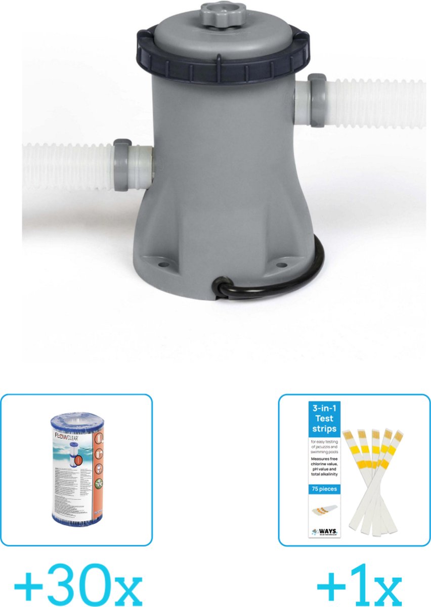   Flowclear - 1249L/330gal Filter Pomp inclusief   Flowclear - Filter Cartridge (I) (30 stuks) & WAYS Testrips (1 stuks)