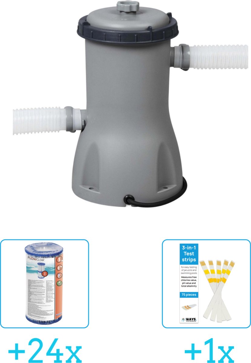   Flowclear - 3028L/800gal Filter Pomp inclusief   Flowclear - Filter Cartridge (II) (24 stuks) & WAYS Testrips (1 stuks)