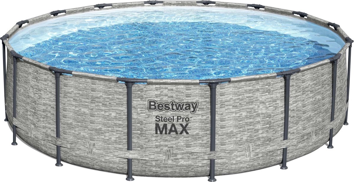 Bestway Steel Pro Max steenstrip - metalen frame zwembad - Complete set - rond - 488x122cm (Inclusief filterpomp, trap en afdekzeil)