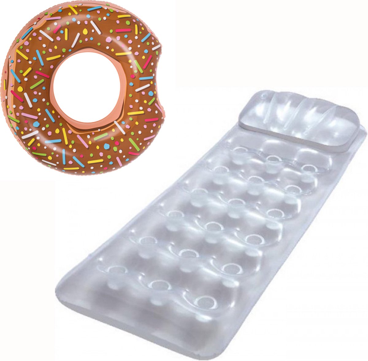   Zilver Luchtbed - 188 x 71 cm + Opblaasbare Zwemband Bruine Donut 107 cm Luchtband Drijfstoel Drijvende WaterStoel LoungeStoel WaterHangmat Zwembad Ligbed Luchtbed - Floating Bed - Drijvende Water Ligstoel - Opblaasbaar