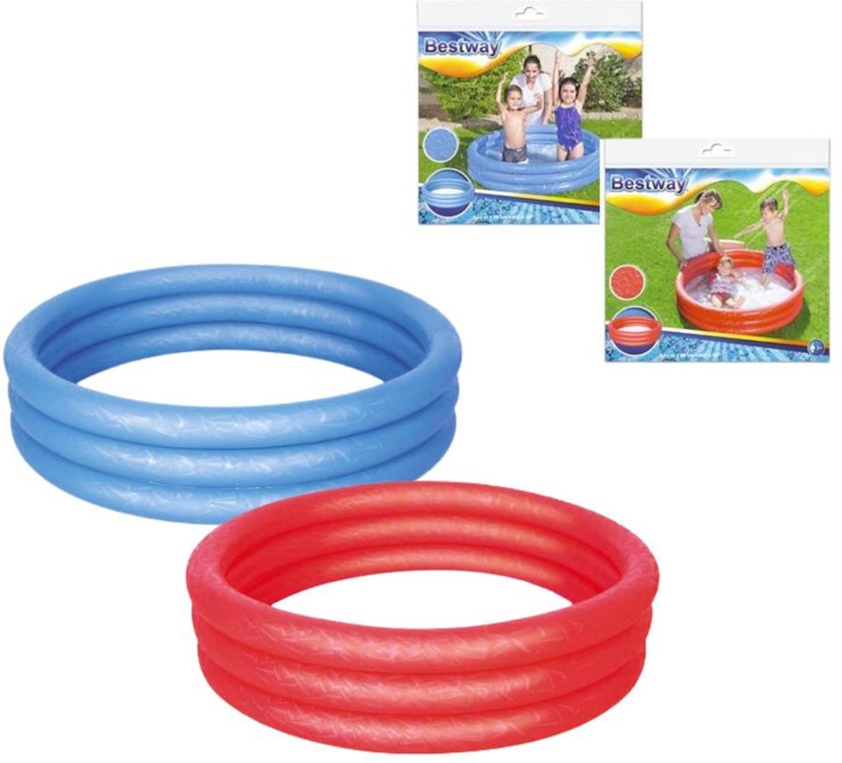   opblaasbaar kinder zwembad 122 cm doorsnede - 3 rings in de kleur rood of blauw