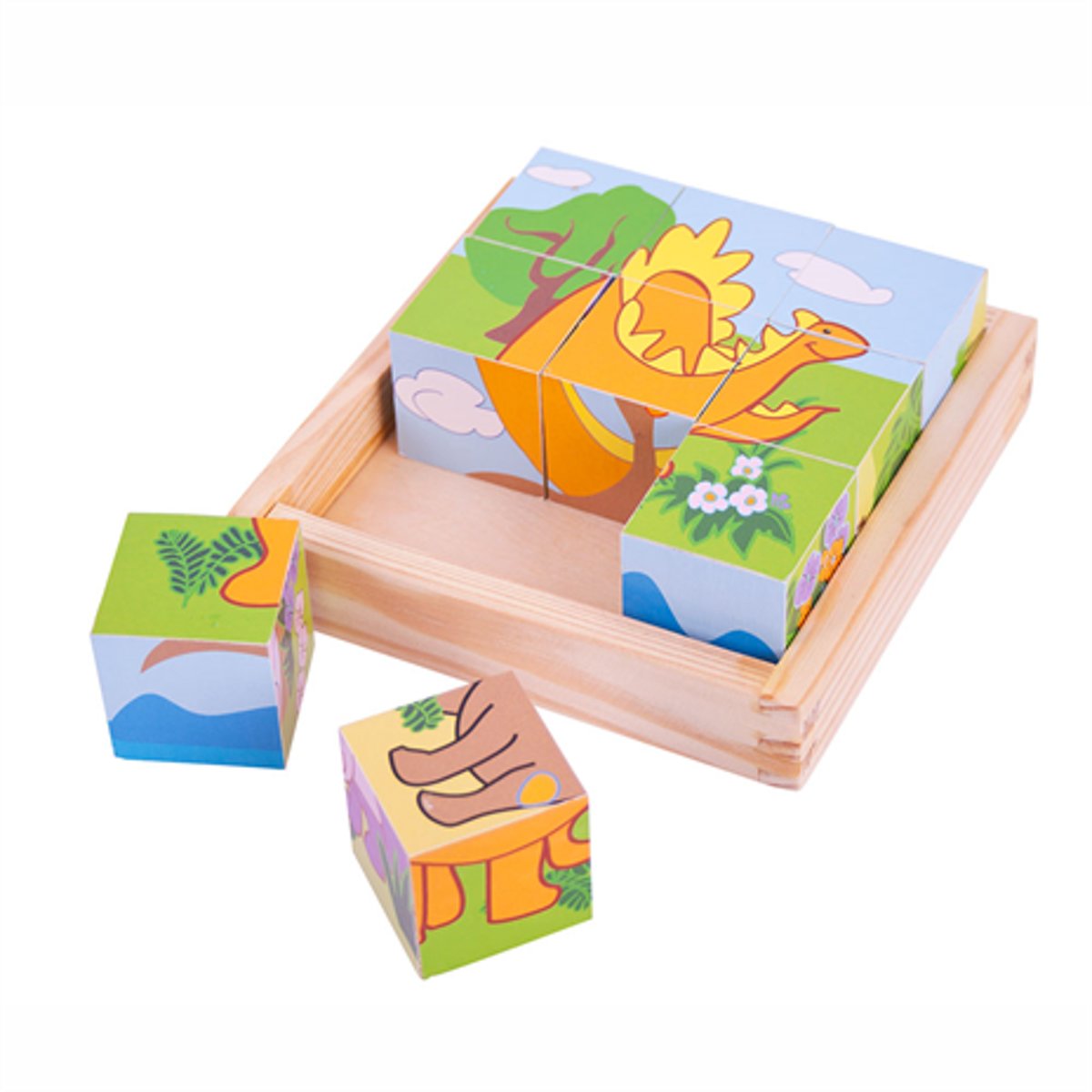 Bigjigs houten kubus puzzel Dinosaurus