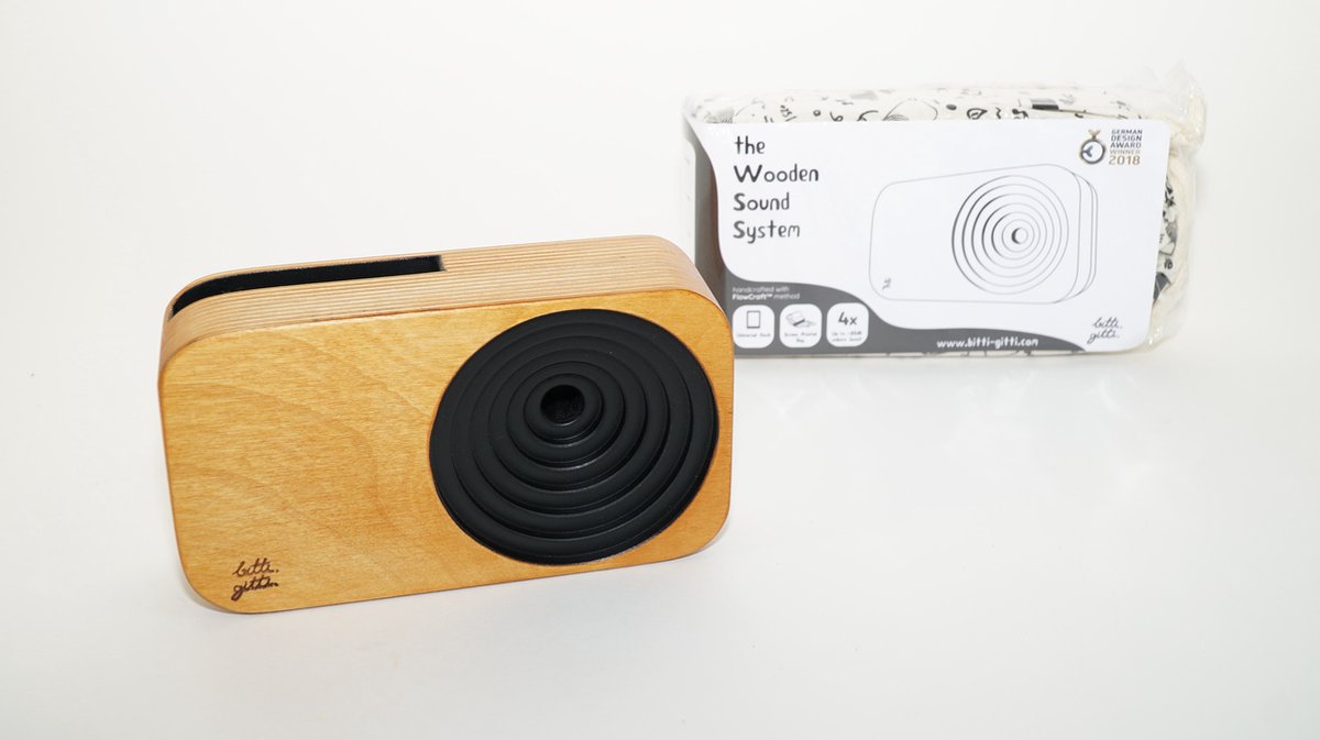 Bitti Gitti - wooden sound system - tot 25 db volumeboost -in leuke katoenen bag