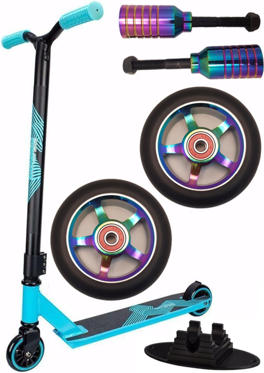 Black Dragon Stuntstep + Stunt Scooter Upgrade Pakket Neochrome (Aluminium wielen + pegs + standaard t.w.v. €90,-)