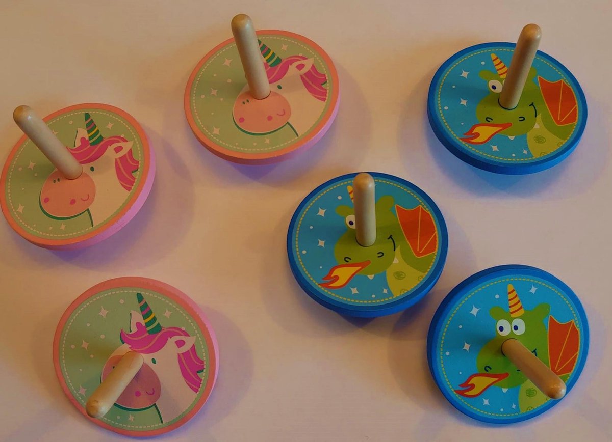 Set van 12 houten tollen / tol voor kinderen met eenhoorn / unicorn (roze) en draakje (blauw - groen), leuk als traktatie of uitdeelcadeau!