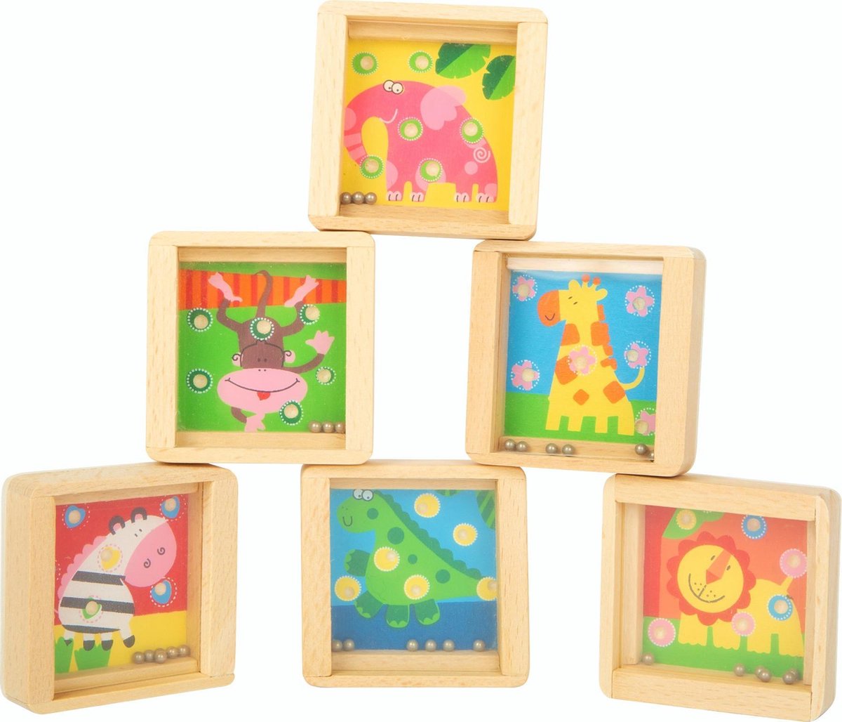 Set van 6 houten geduldspelletjes (vierkant) met jungle dieren (uitdeelcadeau / traktatie) voor kinderen