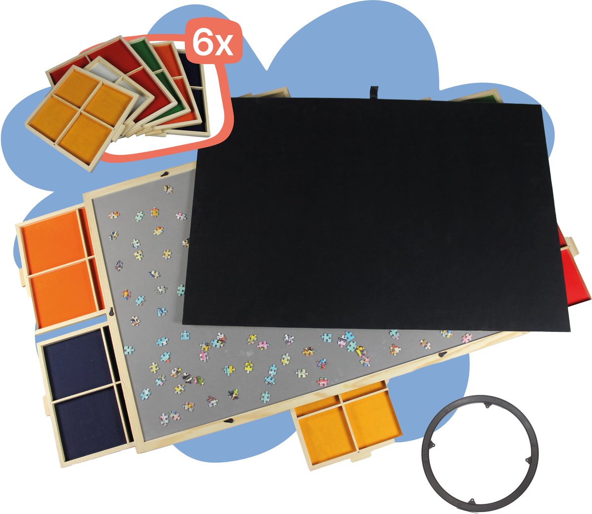   Puzzelbord met Opbergsysteem – Puzzeltafel met Draaicirkel & 6 Magnetische Lades – Inclusief Deksel – Geschikt voor tot 1500 Stukjes