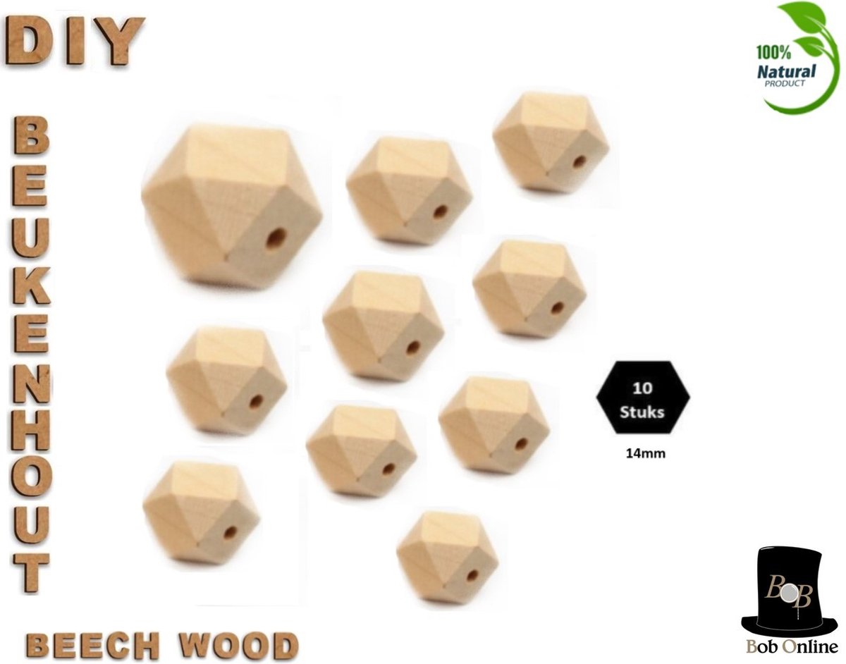 Bob Online ™ - 10 Stuks - 14mm Natuurlijke Achthoekige Houten Kralen - Geometrische Kralen - DIY Geometrische Houten Kralen 3mm Gaatje - Blanco Houten Kralen Kubus - DIY Houten Kralen - Ambachtelijke Ketting – Beech Wood Geometric Beads