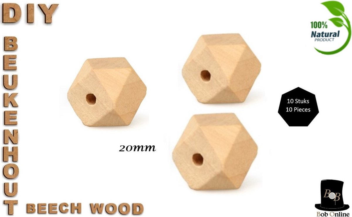 Bob Online ™ – 10 Stuks - 20mm Natuurlijke Achthoekige Houten Kralen - Geometrische Kralen - DIY Geometrische 20mm Houten Kralen met ca. 3.5 – 4mm Gaatje - Blanco Houten Kubus Kralen - Macramé Kralen - DIY Beech Wood Beads