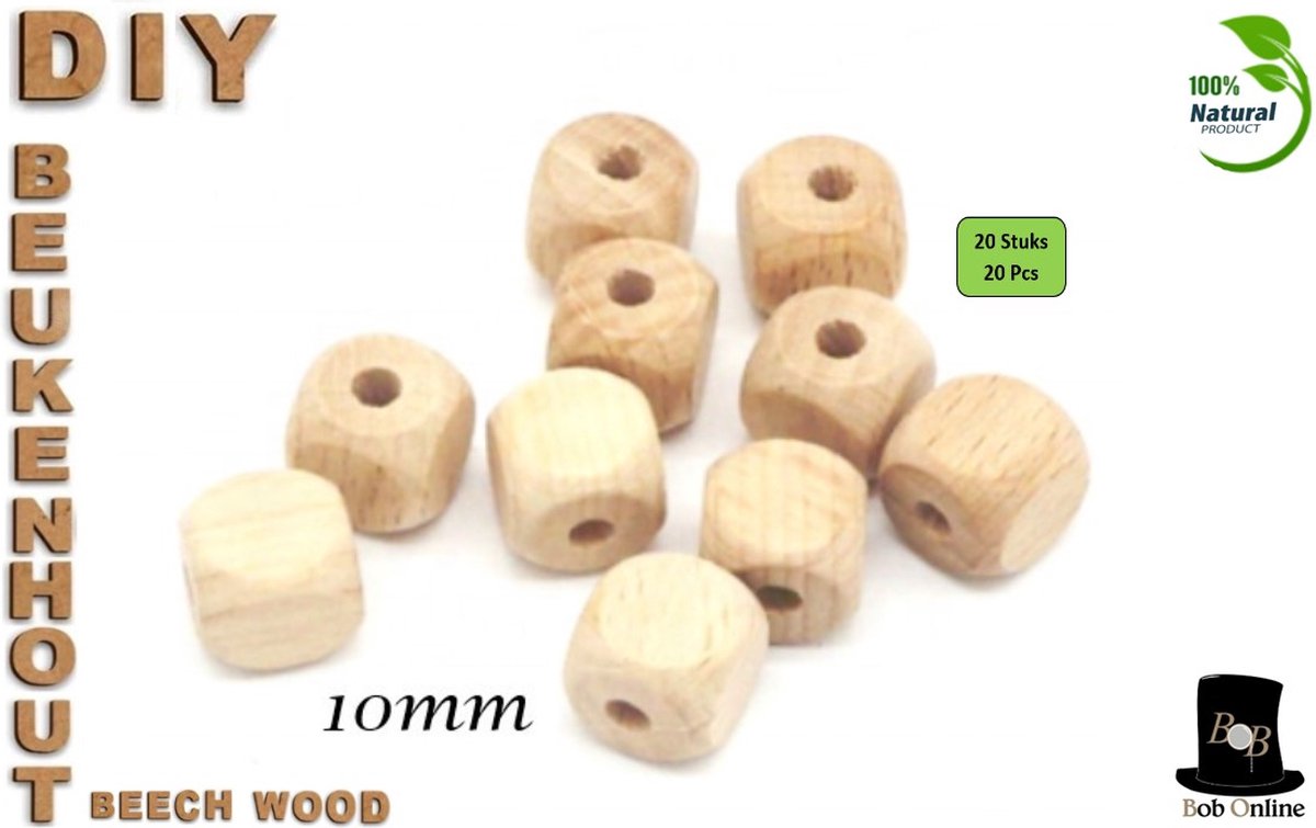 Bob Online ™ – 20 Stuks - 10mm Vierkant Blanco Houten Kralen – Beukenhout Vierkant Kralen – 10mm Vierkante Houten Kralen met ca. 2mm Gaatje – Square Blank Wooden Beads – Beech Wood Square Beads 10mm – DIY Houten Kralen