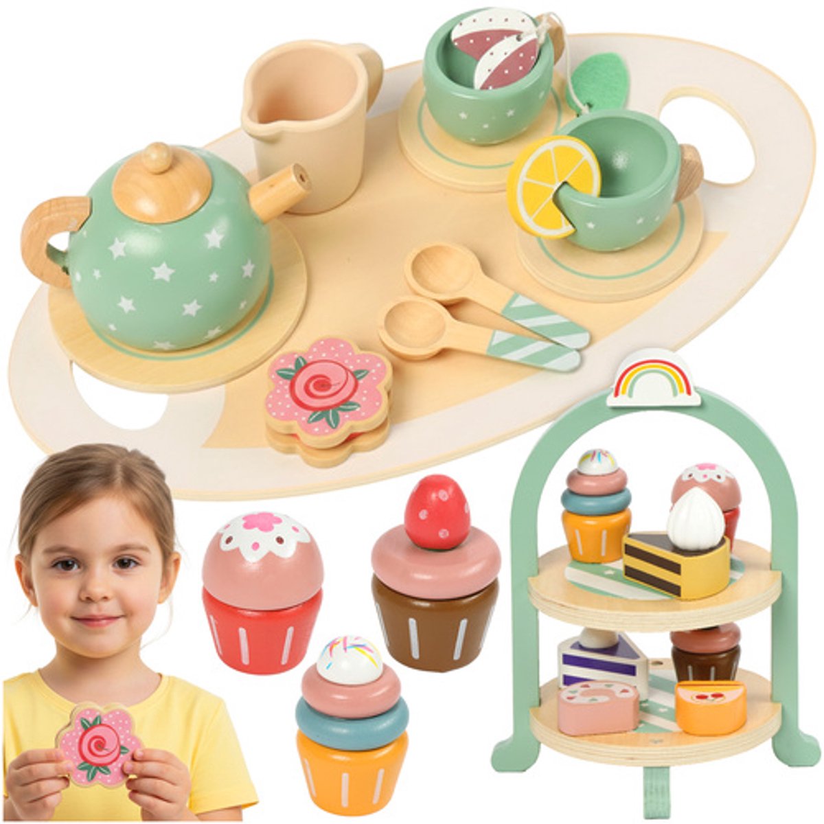   - Houten Theeservies - Theeservies Speelgoed - Kinder servies - Houten Speelgoed - Kinderservies set - Theeset met Dienblad - 15 Delig - Met Taartplateau - Rollenspel Speelgoed Kinderen 3+