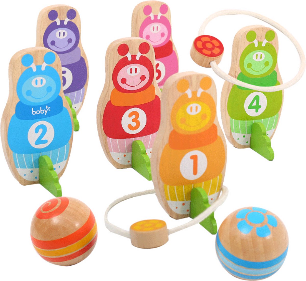 Boby 2-in-1 Kegelspel & Ringwerpen met Cijfers - Bowling Speelgoed Set - Bowlingset Kinderen - Massief Hout Kegelset - 6 Kegels, 2 Ballen, 3 Werpringen - Opzetstuk & Scoreboekje - Bowlen Binnen & Buiten