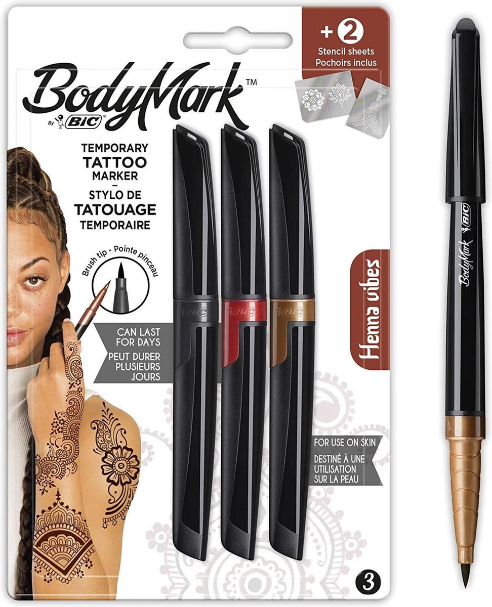 BodyMark by BIC Tijdelijke Tattoo Markers en Sjablonen, Henna Vibes Set - Verschillende Kleuren, Set van 3+2