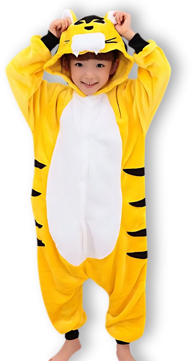 BoefieBoef Kinder Onesie Tijger – Warme Dieren Pyjama 5-9 Jaar – Fluffy Verkleedpak & Fleece Huispak – Jongens & Meisjes – Zwemles Pyjama – Carnaval, Halloween & Sinterklaas Cadeau – Jumpsuit met Capuchon – 115-130 cm - Geel