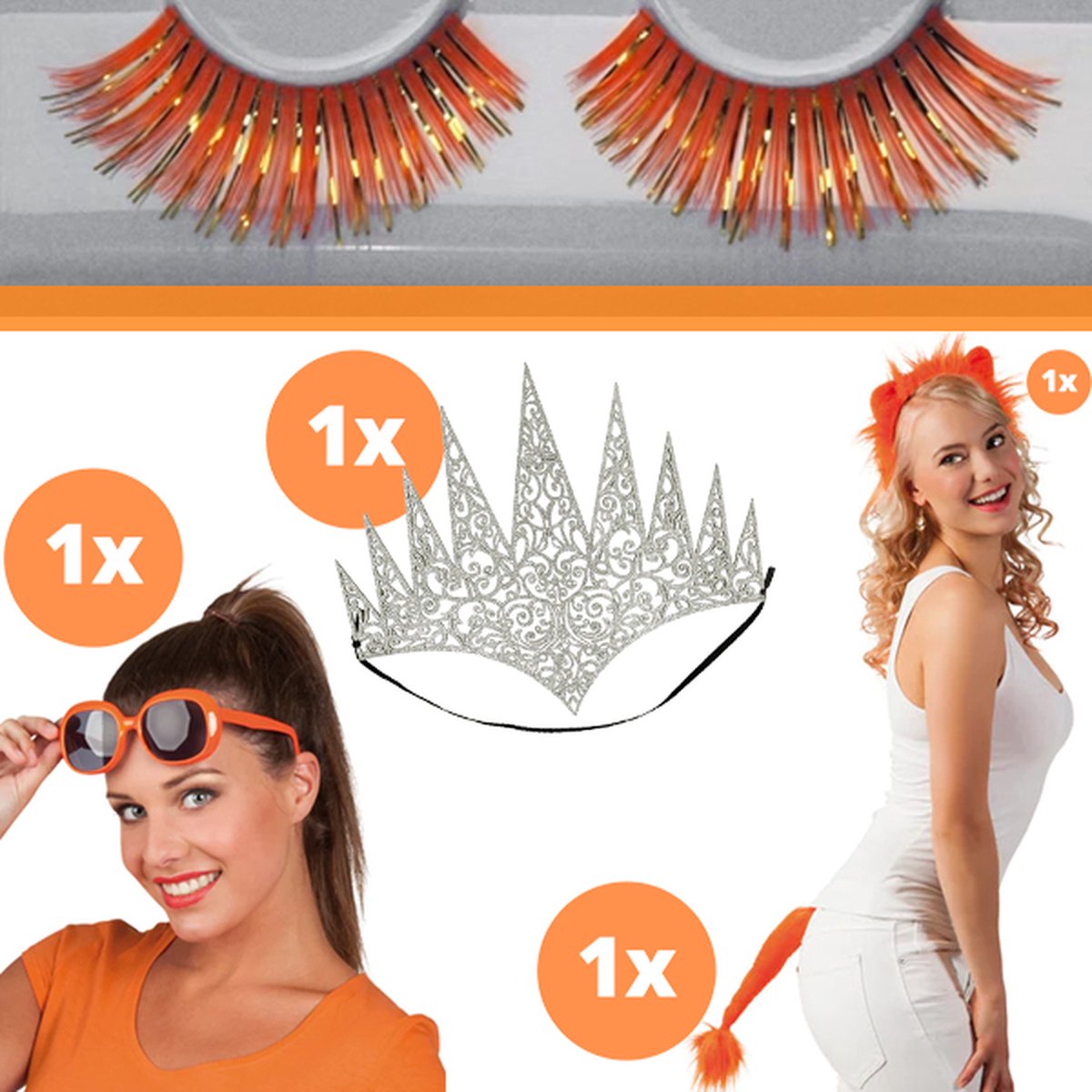 Koningsdag Accessoires - Koningsdag accessoires dames - Geen kleding - Koningsdag artikelen - Damesdiadeem kroon - Pakket incl. Koninginnen kroon (1x) - Oranje Koningsdag zonnebril (1x) - Tiara (1x) - Staart (1x) - Oranje wimpers (1 set)