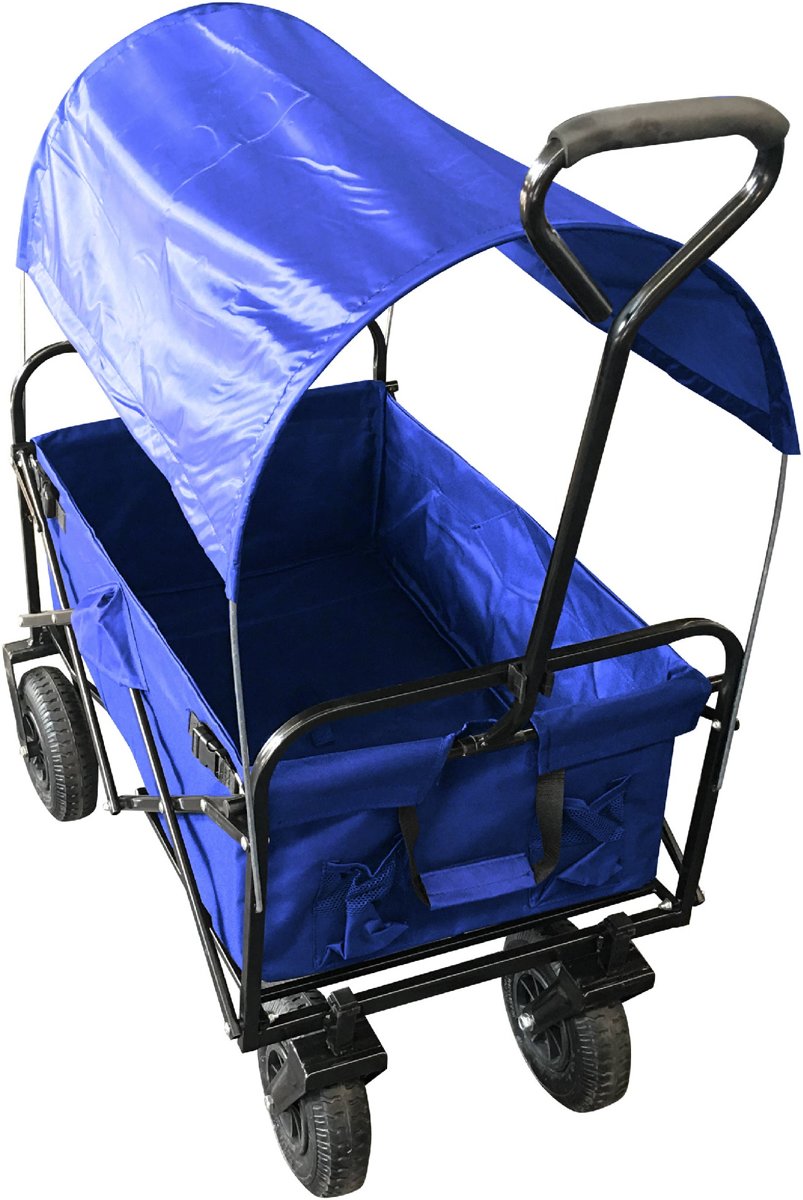 Bolderkar / Bolderwagen opvouwbaar blauw met luxe PU wielen, huif en opberghoes