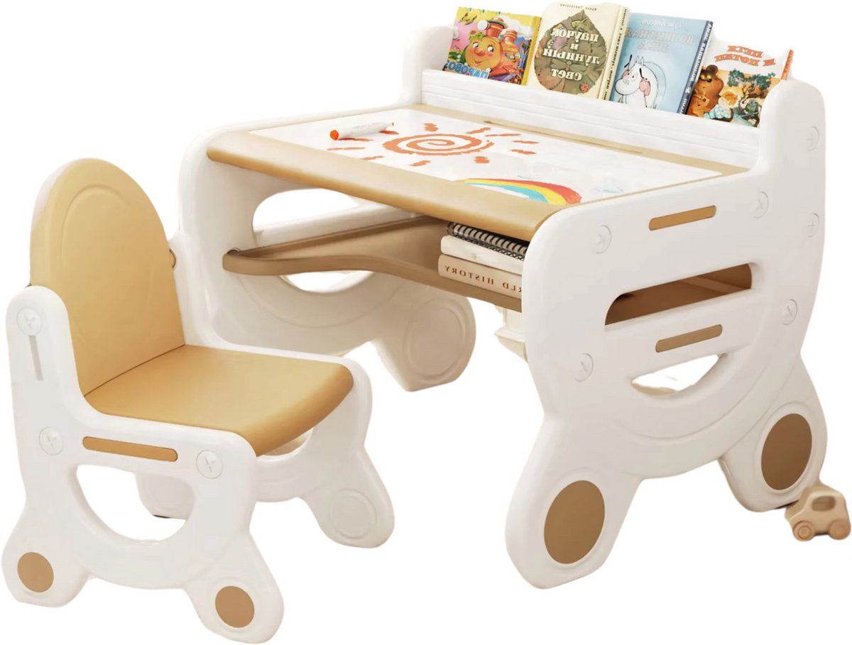 Moderne kindertafel - Activiteiten tafel - 2 stoelen -   - In Hoogte Verstelbaar - Studeertafel voor Kinderen - Bruin