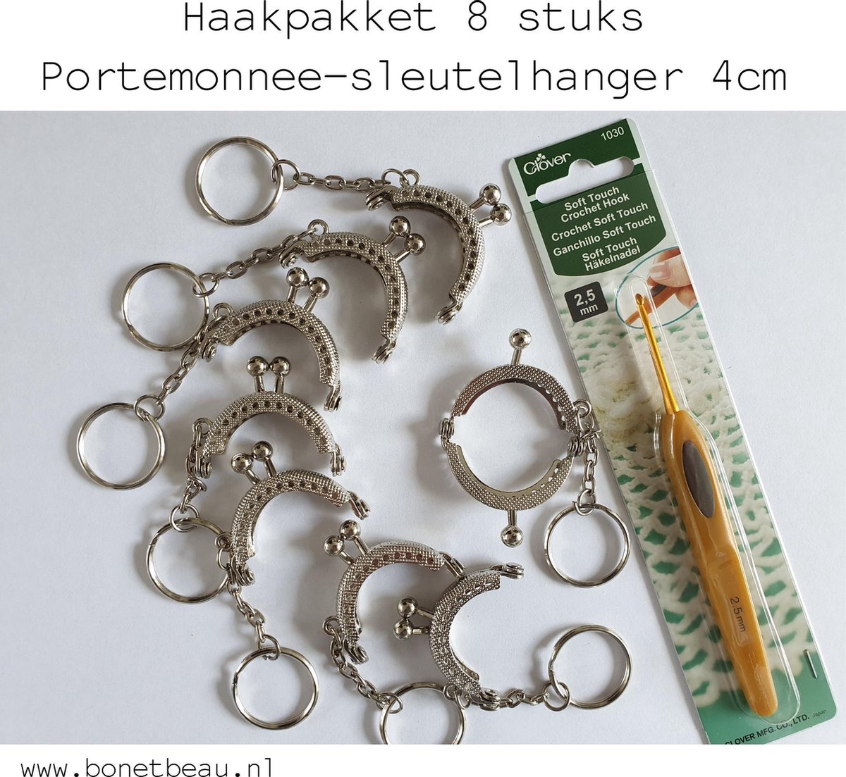 Bon et Beau 8 stuks Beugel Portemonnee-Sleutelhanger ZILVERkleurig 4cm  + haaknaald 2.5mm