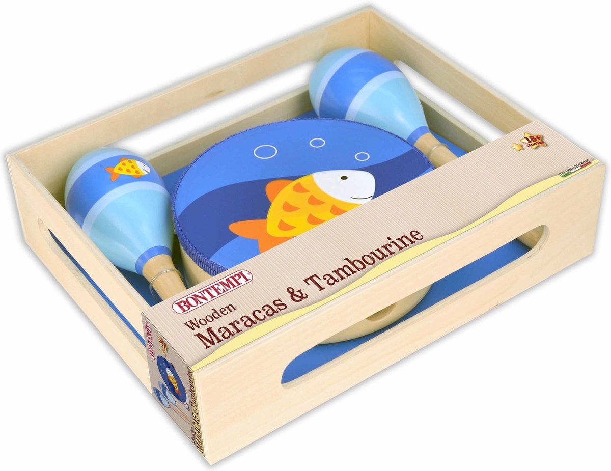 Wooden tambourine and maracas set Blue