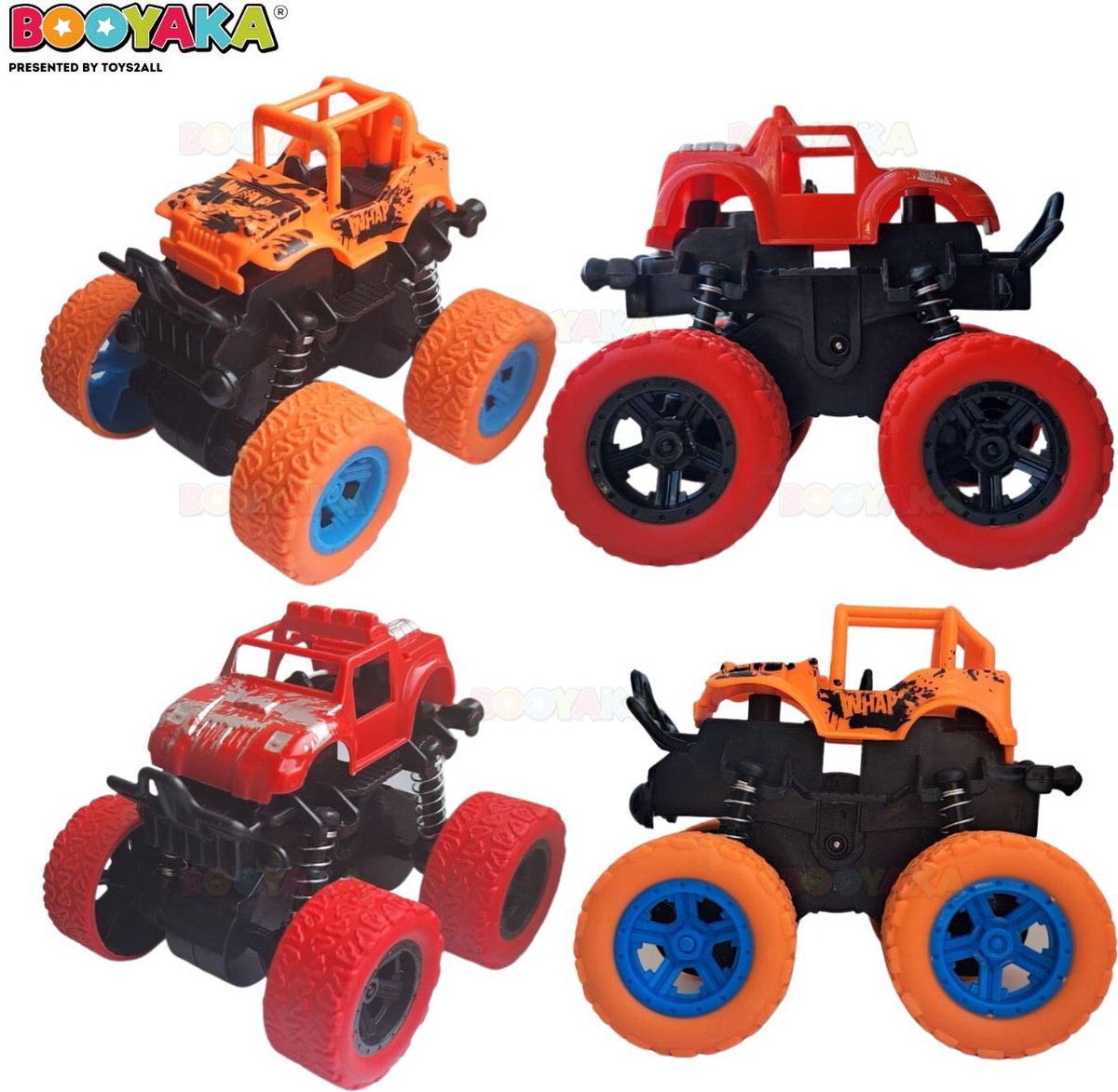 Booyaka® 2x Big wheel stuntauto Rood & Oranje – Monstertruck – Monster truck - Stunt auto’s – Off road – Buiten speelgoed - Speelgoed auto - Auto Speelgoed Jongens – Stoer – Racen - Springende auto – Race auto - 360º Flip