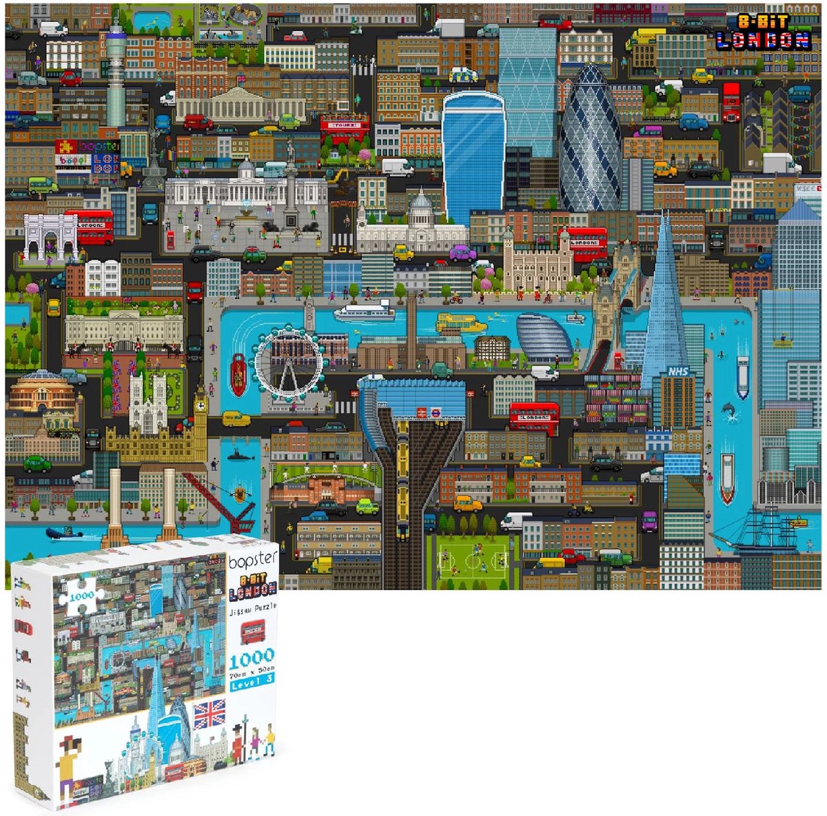 Bopster - city map Londen puzzel - 1000 stukjes - 70x50cm - geweldig 8-bit design - ontdek alle bekende gebouwen