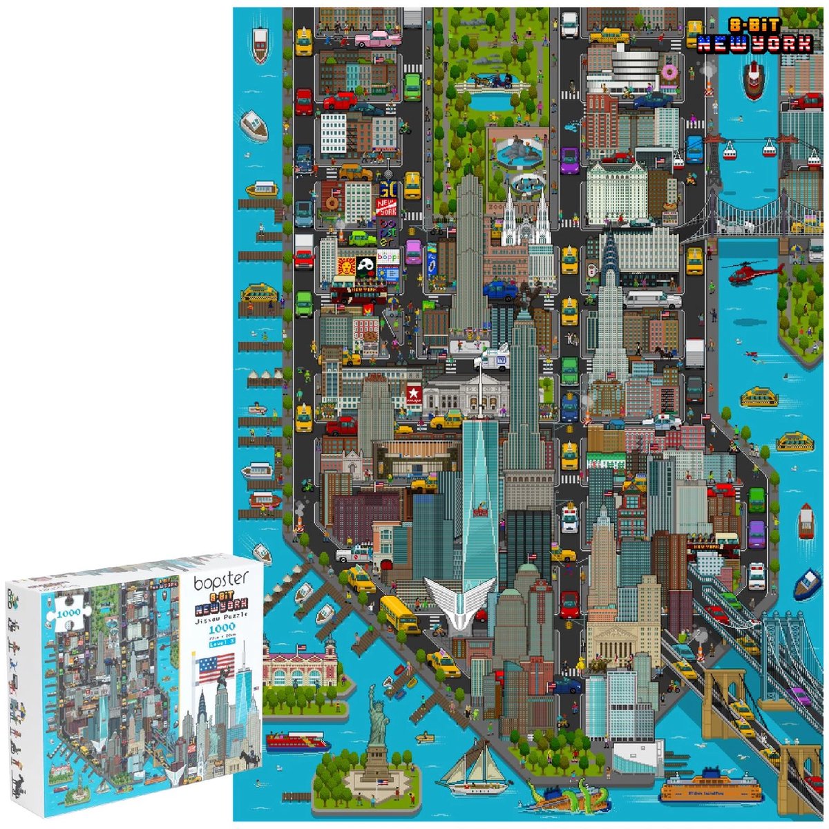 Bopster - city map New York puzzel - 1000 stukjes - 70x50cm - geweldig 8-bit design - ontdek alle bekende gebouwen