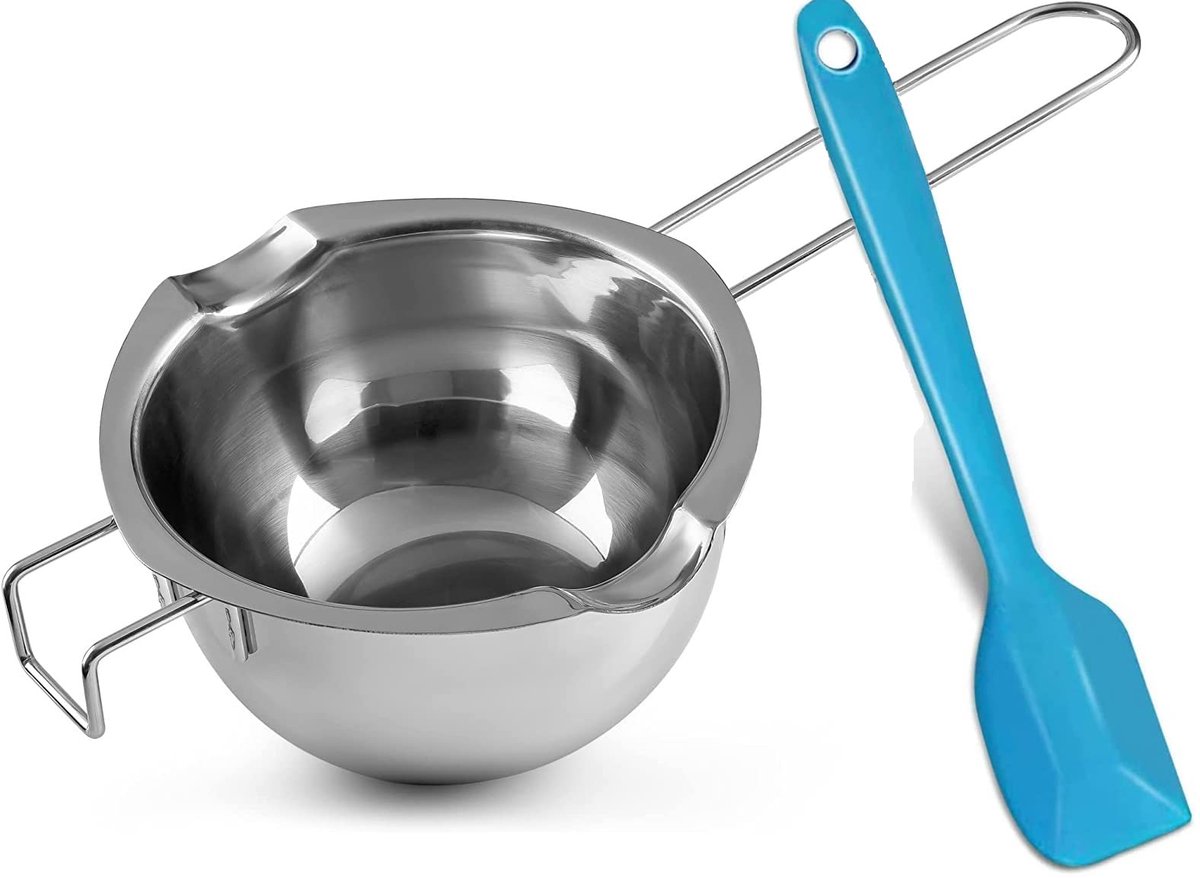   ® Roestvrij Stalen Smeltkom met Blauwe Spatel voor Chocolade, Kaarsen, Was en Meer - 400 ml