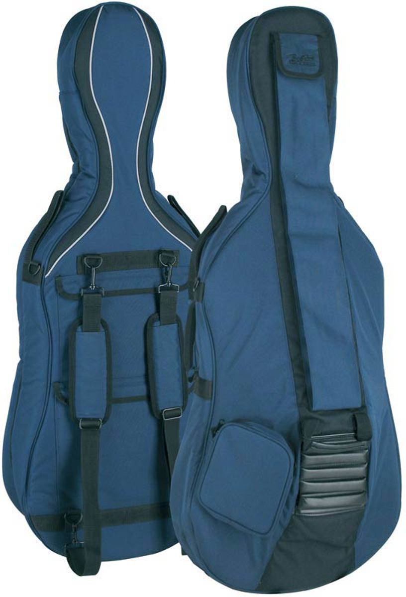 Cellotas voor 4/4 cello, donkerblauw-grijs, 23mm gevoerd, 2 riemen, diverse accessoire vakken