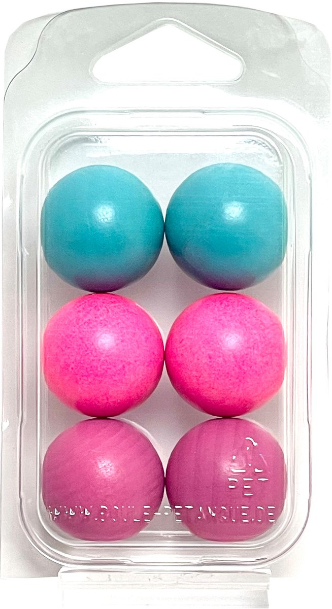   - Jeu de Boules - FM-6 - 6 Buts - kleuren: 2 x turkoois - 2 x neon-magenta - 2 x violet-roze - 30mm