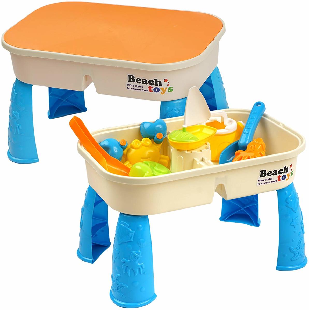 Zand- en watertafel met deksel - Inclusief 8 strandspeelgoedjes en ruimte voor zand en water - Kleine kinderen spelen in de tuin, buitenspelletjes en activiteiten - Perfect voor urenlang plezier