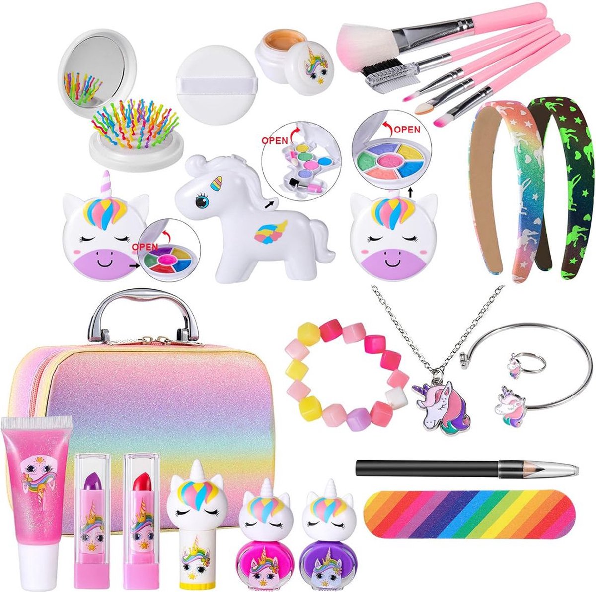 MKSS® Make up Koffer Meisjes - Kinder Speelkoffer met Inhoud - Makeupset voor Kinderen - Regenboog met Eenhoorns - Voor jouw Prinsesje